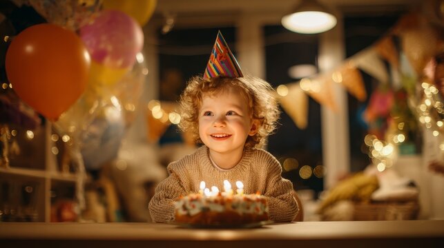 58.Happy child sitting at decorated table indoors, wearing colorful cone party hat, smiling at birthday cake topped with glowing candles, soft fairy lights in background, balloons and bunting