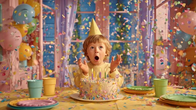 62.Indoor birthday scene with child clapping hands excitedly, party hat on head, cake with candles centered on table, colorful plates and cups arranged around, curtain-draped windows, playful