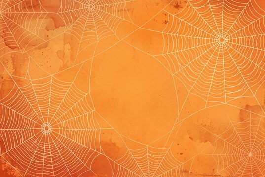 Halloween background with white spider webs on an orange textured surface