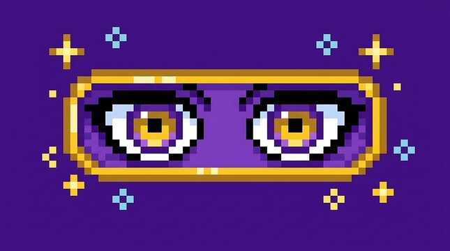 Pixel art eyes with yellow irises look out from inside a glowing golden frame against a purple backdrop.