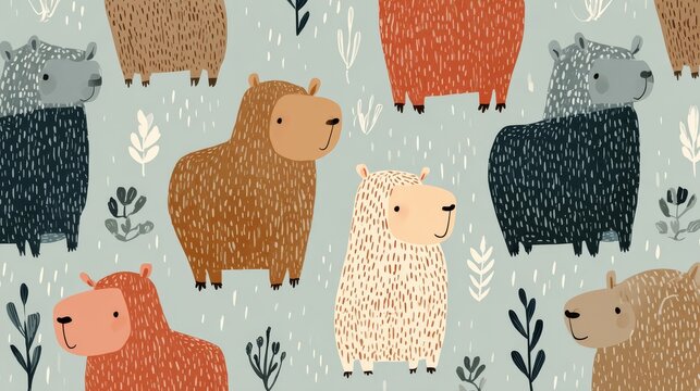 63.Childish pattern with capybara, baby shower greeting card. Animal seamless print