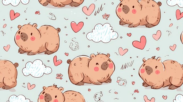 64.Seamless repeating pattern featuring cute capybaras with rosy cheeks, soft rounded shapes, floating baby shower elements such as clouds, hearts, rattles, and pacifiers, pastel background, simple