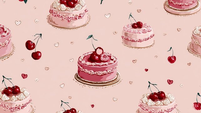 72.Pattern of dainty retro cakes adorned with cherries and scalloped icing, decorative frames and tiny hearts scattered between, soft powder pink backdrop, refined coquette style, continuous repeat
