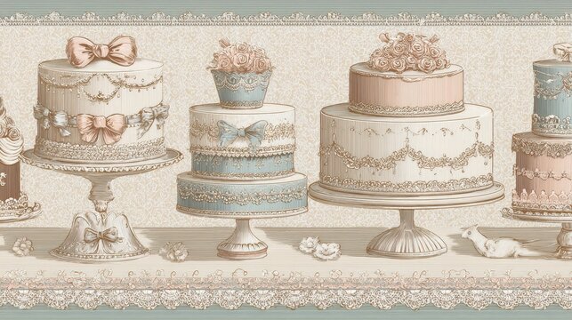 73.Vintage-inspired cake motifs with doilies and cake stands, frilled borders, pearls and tiny bows, harmonious seamless arrangement, faded pastel tones, elegant romantic atmosphere, high-detail