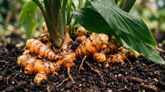 Freshly Harvested Turmeric Roots with Green Leaves in Rich Soil.