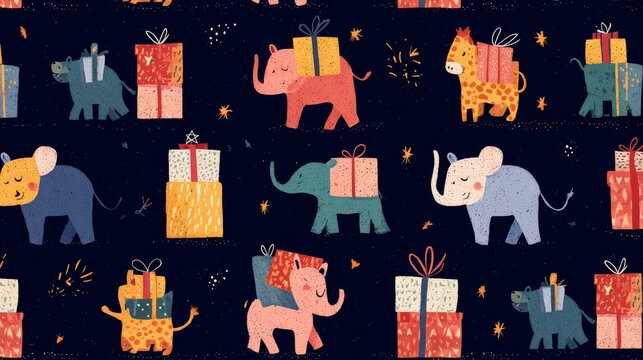 80.Tiled vector pattern featuring party-going animals in motion, each carrying unique wrapped gift, decorated with stars, confetti, and ribbons, dark night-like background, harmonious spacing, joyful
