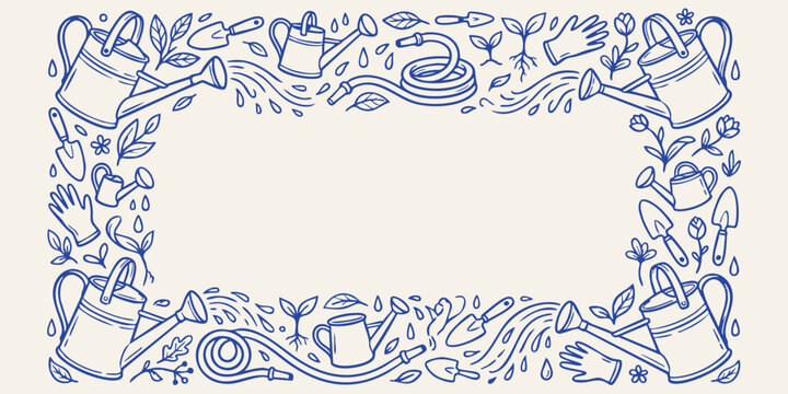 Gardening tools and plants forming a decorative border in a simple hand drawn doodle style