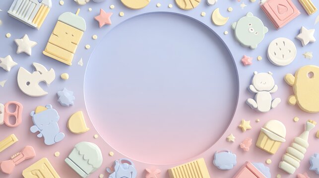 98.Mixed composition of baby-themed icons forming circular arrangement, central empty space for text, pastel gradient background, plump stylized proportions, lightly embossed shadows for depth,