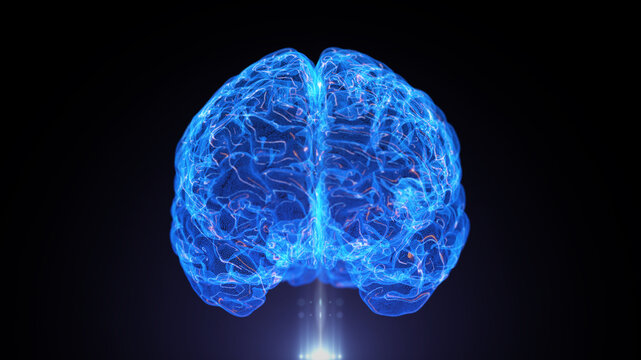 Futuristic digital brain with glowing neural connections and complex data networks, representing artificial intelligence, machine learning, neural networks, deep learning and advanced technology.