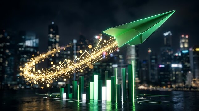 Green paper airplane flying over a glowing financial bar chart in a city