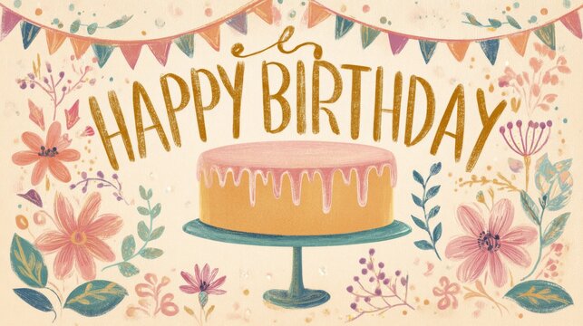 2.Artistic birthday card template with central tall cake illustration on a stand, dripping icing texture, glossy highlights, stylized floral elements and leaves surrounding the cake, bold celebratory