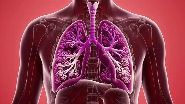 3D medical illustration of the human respiratory system highlighting the lungs and trachea inside a transparent torso