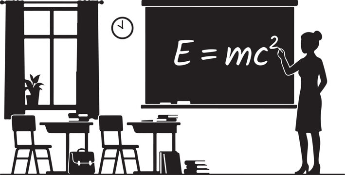 Teacher silhouette writing on blackboard with E=mc2 formula in classroom vector illustration