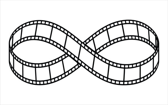 Film strip infinite loop black line icon representing endless cinematography video production or media editing flow.