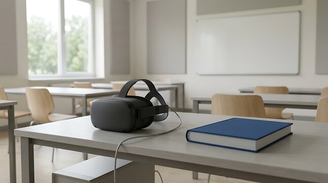 Virtual reality headset and blue book on a desk in a classroom on transparent background