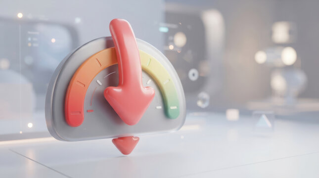 Decline report and credit signal financial concern while red arrow points downward on colorful gauge in modern office