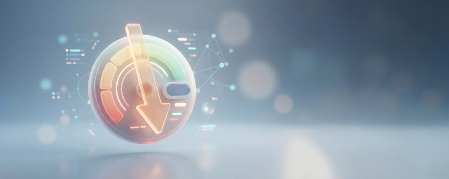 Credit report decline concept with downward arrow gauge, digital network and soft blue glow suggesting financial concern and analysis