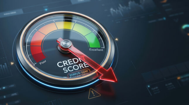 Credit score gauge showing decline and low status report with warning indicator and excellent to poor financial risk scale