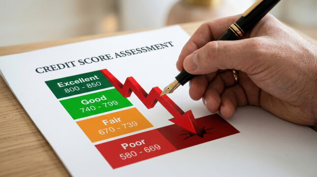 Credit report decline assessment with hand marking poor score on printed financial chart