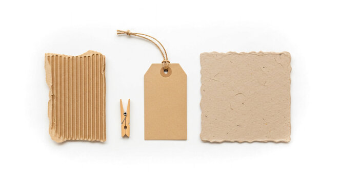 Set of Natural Brown Kraft Paper Items with Tag and Clothespin on Transparent Background