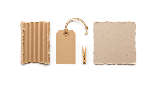 Set of Blank Brown Paper Tags and Labels with String and Cutter on White Background