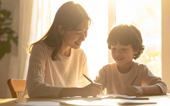madre ayuda a un ni&ntilde;o con sus tareas escolares mientras la luz c&aacute;lida del atardecer ilumina el hogar. Concepto de educaci&oacute;n, aprendizaje, acompa&ntilde;amiento familiar y vida cotidiana.