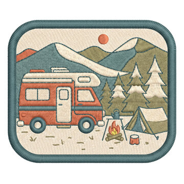 Embroidered camping patch featuring a camper van in mountain landscape
