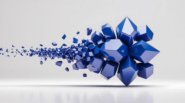 A cluster of glossy blue geometric crystal shapes on a white background, with a dynamic effect of smaller fragments breaking away and scattering towards the left side in a motion trail pattern