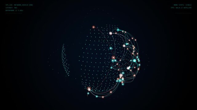 Abstract digital network visualization with glowing nodes and connecting lines on a dark background, representing data flow and connectivity
