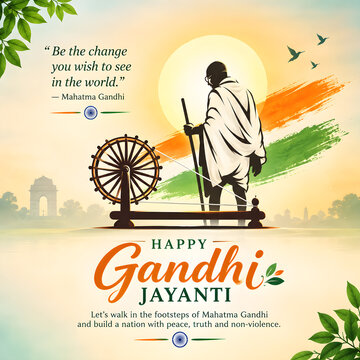 Mahatma Gandhi with Spinning Wheel and Indian Tricolor Background