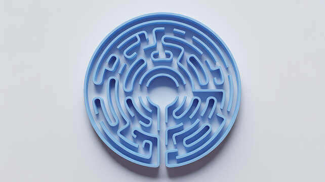 A top-down view of a circular blue maze structure with intricate pathways and walls, isolated on a clean white background, representing a puzzle or a complex navigation challenge in a minimalist style