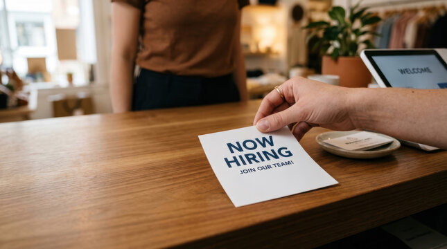 Hiring notice highlights staffing shortages at welcoming workplace while worker presents employment opportunity