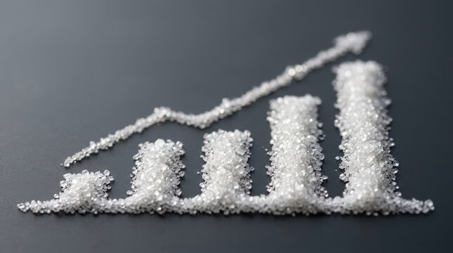 Healthcare innovation spending sugar chart shows white crystal growth graph on dark surface for medical cost and wellness concept