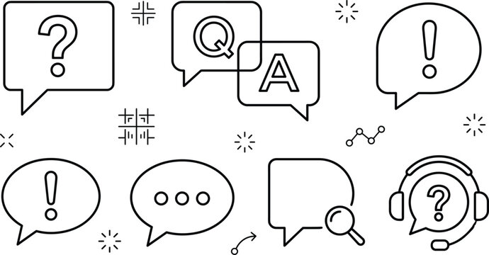 Minimalist customer support and information line icon set vector collection featuring questions answers chat bubble and headset symbols