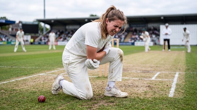 A young female cricket player clutches her elbow in pain during a match on a green field