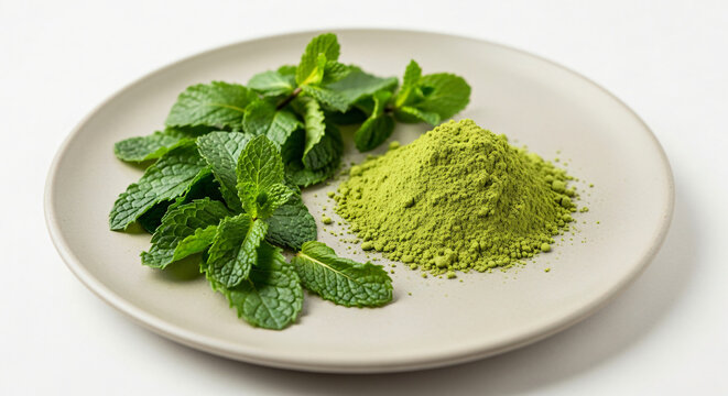 Fresh Mint Leaves and Green Matcha Powder on White Plate
