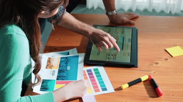 Top view of manager writing idea on sticky notes and explain idea about web design. Professional marketing team or programmer brainstorming idea while looking at tablet with color palette. Symposium.