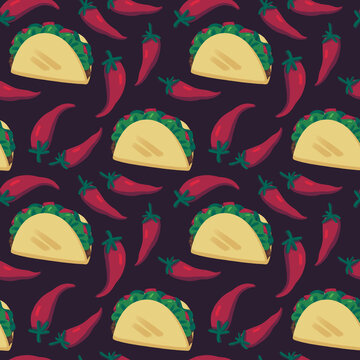 Hand drawn cute cartoon taco chili seamless pattern