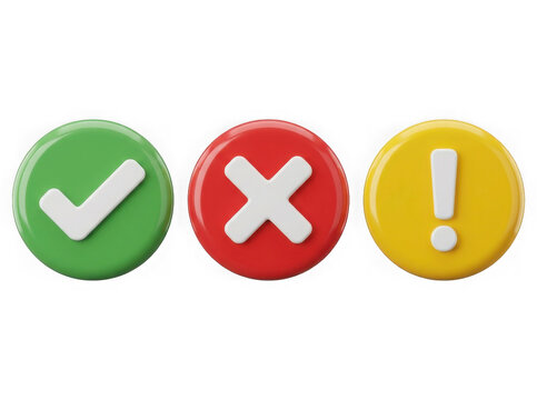 Right and wrong, acceptance and rejection concept. Round icons buttons with a check mark and cross. 3d rendering
