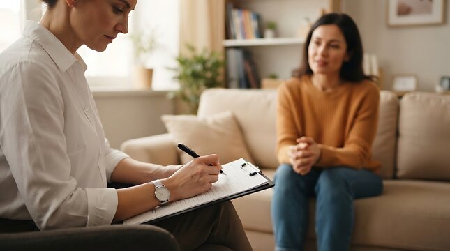 Psychologist writing notes on clipboard during therapy session with female client on sofa mental health patient consultation
