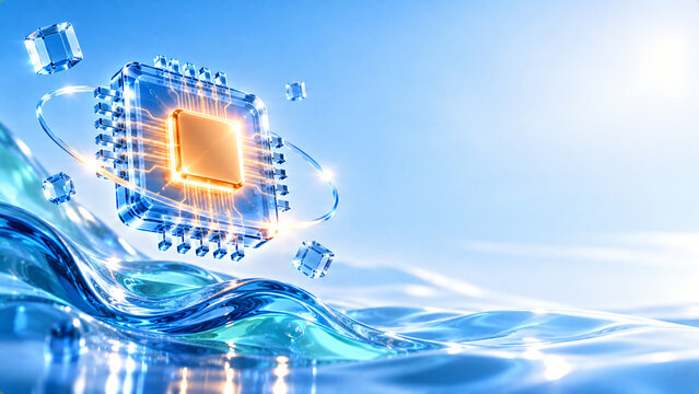 Digital computer chip floating above a liquid blue surface