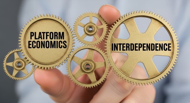 Metaverse Business Models Concepts. Conceptual image of interlocked gold gears symbolizing platform economics and interdependence in business and technology strategy