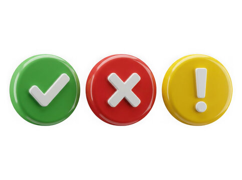 Three colorful 3d buttons with check mark cross x mark and exclamation point for business status design isolated on white background