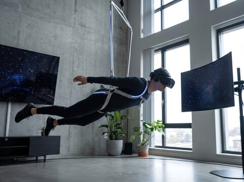Person wearing VR headset suspended horizontally in sleek silver home training harness