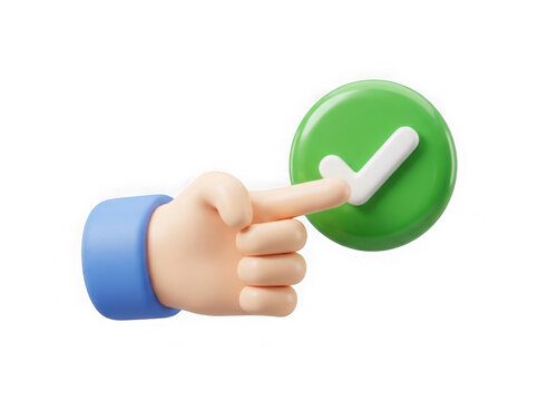 3d cartoon hand pointing at a green check mark button icon isolated on transparent background