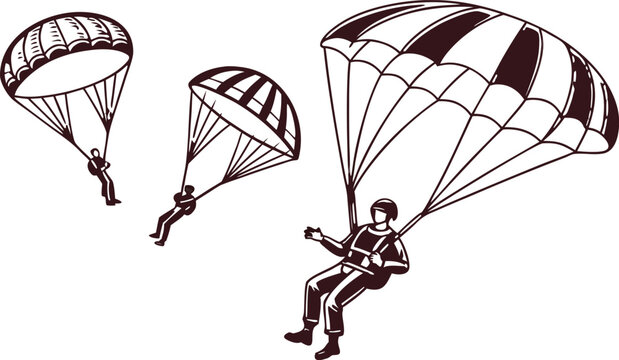Set of black and white skydivers with parachutes in various poses, isolated on a white background, extreme sports