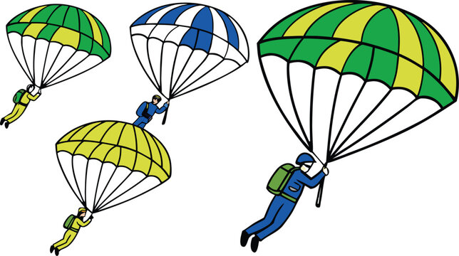 Group of four paragliders with green, yellow, blue, and white parachutes in a flat style on a plain white background