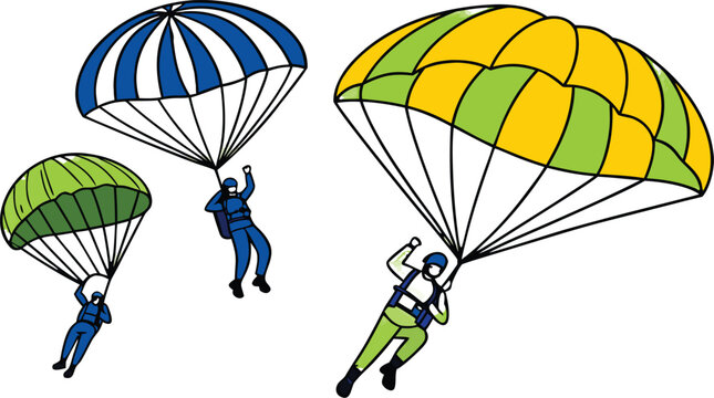 Three skydivers with blue, white, yellow, and green parachutes descending in a flat style on a plain white background