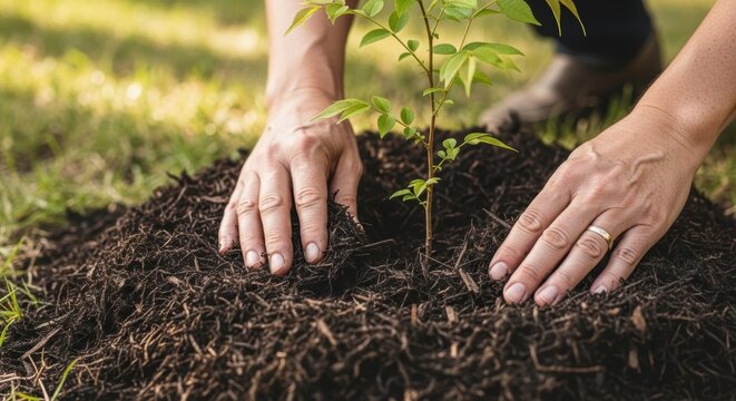 Hands planting young green tree seedling in soil with mulch on sunny green grass garden outdoor environment promoting nature growth and care, Sustainable Agriculture, Food Security, Climate Resilience