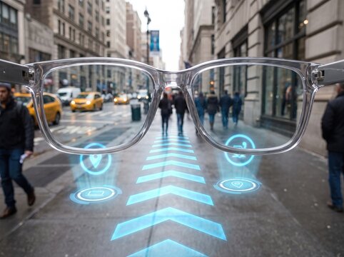 Point of view through smart glasses showing glowing blue navigation arrows on street